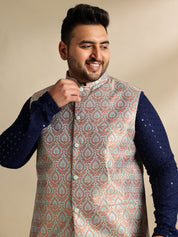 Sojanya Plus (Since 1958) Men's Cotton Sequinned Navy Kurta With White Pyjama & Green Nehru Jacket