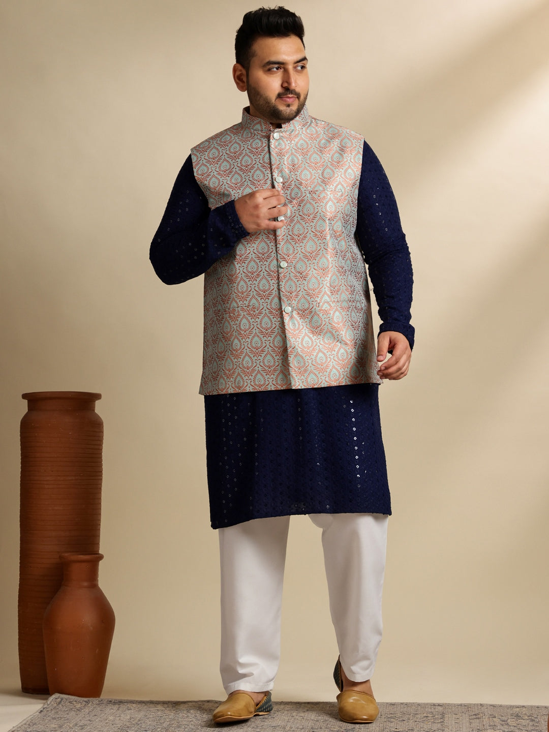 Sojanya Plus (Since 1958) Men's Cotton Sequinned Navy Kurta With White Pyjama & Green Nehru Jacket