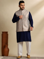 Sojanya Plus (Since 1958) Men's Cotton Sequinned Navy Kurta With White Pyjama & Green Nehru Jacket
