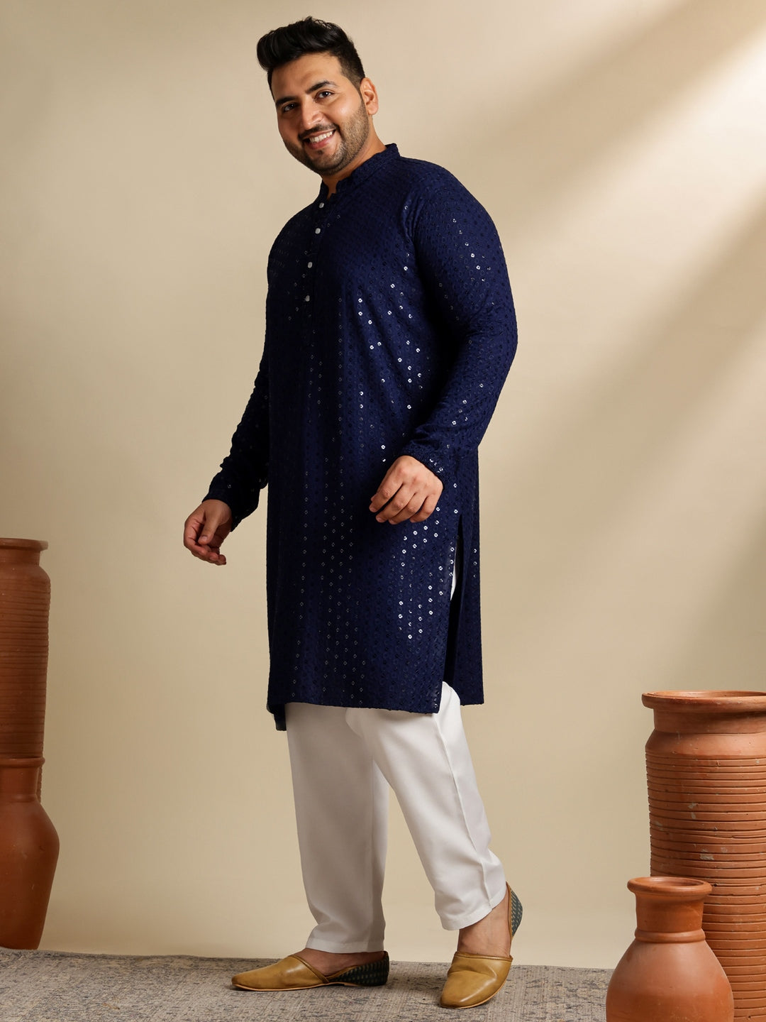 Sojanya Plus (Since 1958) Men's Cotton Sequinned Navy Kurta With White Pyjama & Green Nehru Jacket