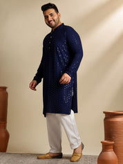 Sojanya Plus (Since 1958) Men's Cotton Sequinned Navy Kurta With White Pyjama & Green Nehru Jacket