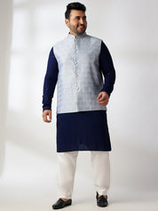 Men's Cotton Sequinned Navy Kurta With White Pyjama & Blue Nehru Jacket