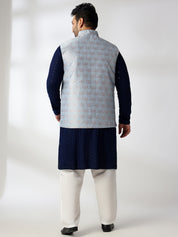 Men's Cotton Sequinned Navy Kurta With White Pyjama & Blue Nehru Jacket