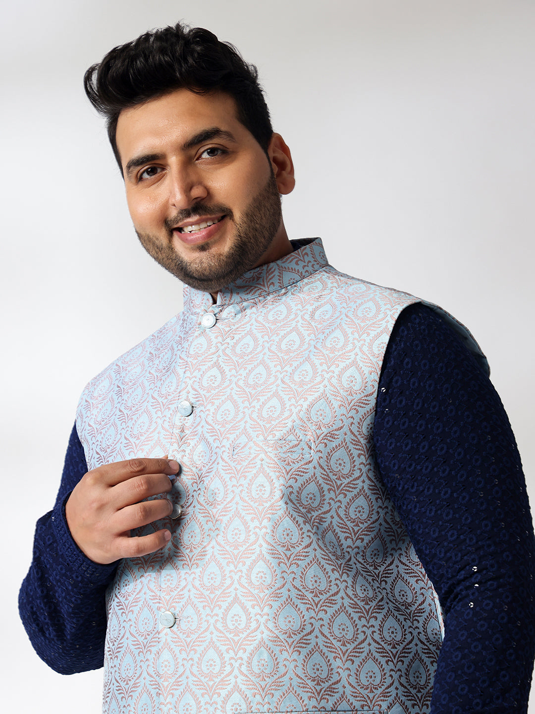 Men's Cotton Sequinned Navy Kurta With White Pyjama & Blue Nehru Jacket