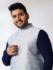 Men's Cotton Sequinned Navy Kurta With White Pyjama & Blue Nehru Jacket
