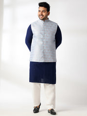 Men's Cotton Sequinned Navy Kurta With White Pyjama & Blue Nehru Jacket