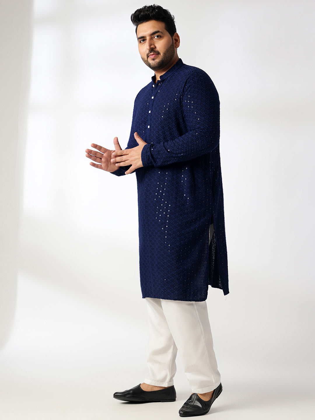 Men's Cotton Sequinned Navy Kurta With White Pyjama & Blue Nehru Jacket