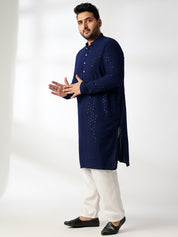 Men's Cotton Sequinned Navy Kurta With White Pyjama & Blue Nehru Jacket