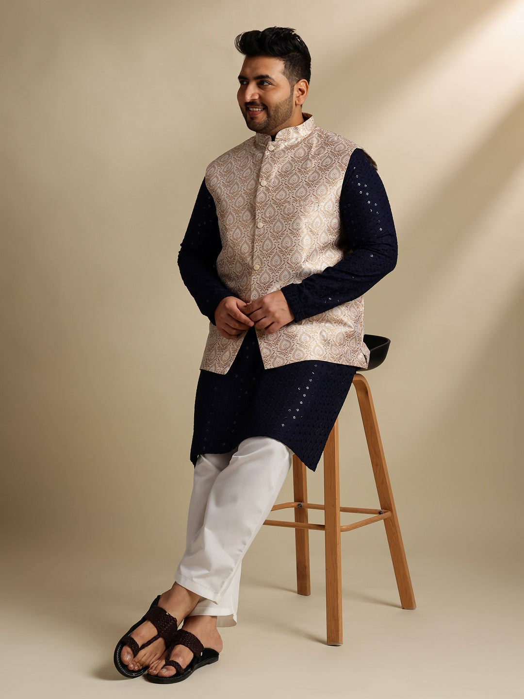 Sojanya Plus (Since 1958) Men's Cotton Sequinned Navy Kurta With White Pyjama & Cream Nehru Jacket