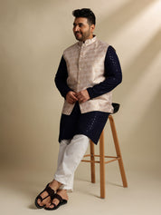Sojanya Plus (Since 1958) Men's Cotton Sequinned Navy Kurta With White Pyjama & Cream Nehru Jacket