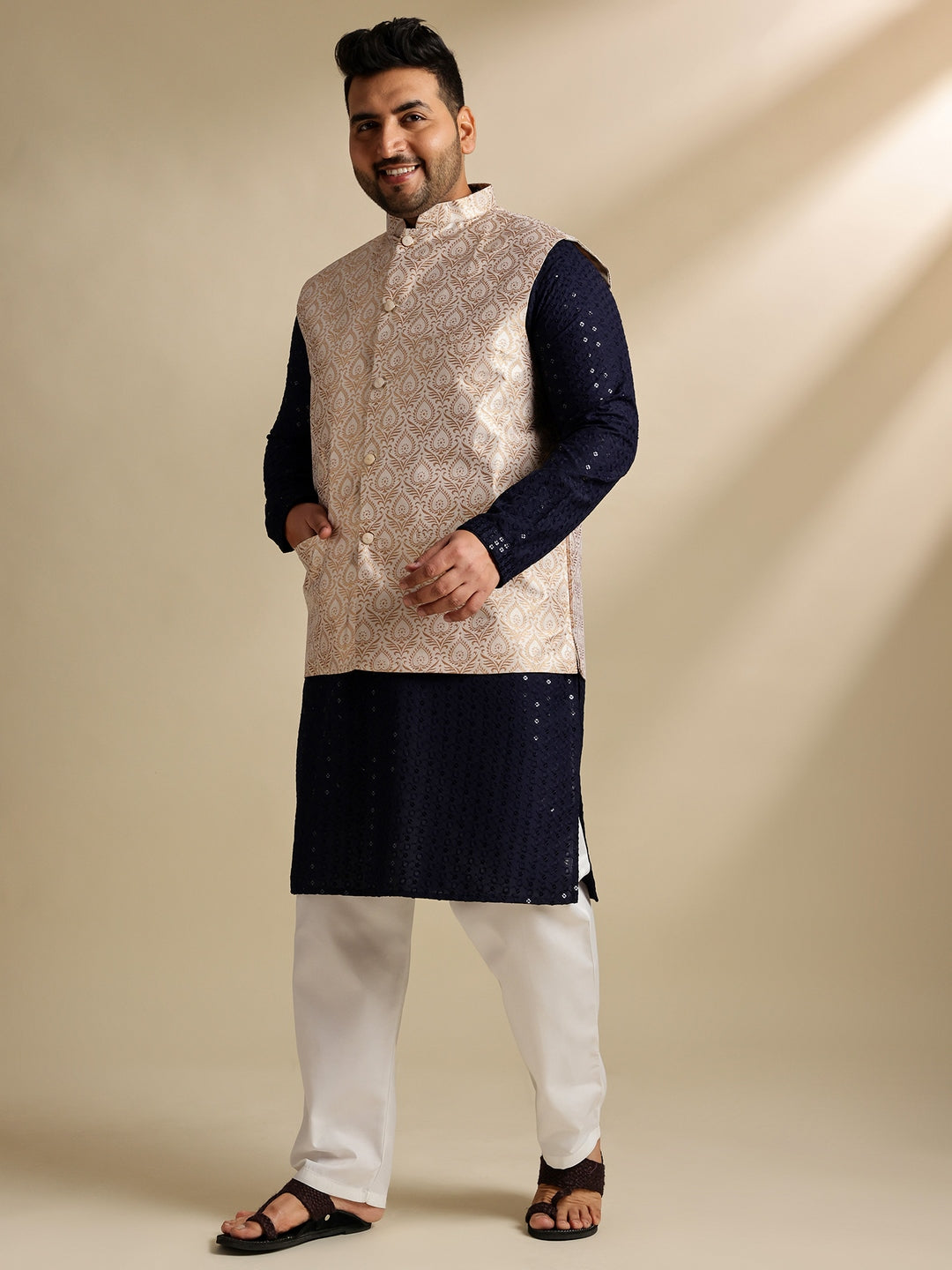 Sojanya Plus (Since 1958) Men's Cotton Sequinned Navy Kurta With White Pyjama & Cream Nehru Jacket