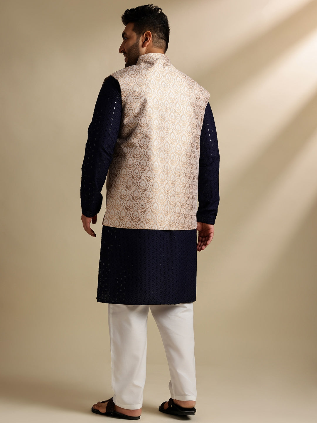 Sojanya Plus (Since 1958) Men's Cotton Sequinned Navy Kurta With White Pyjama & Cream Nehru Jacket
