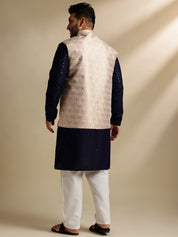 Sojanya Plus (Since 1958) Men's Cotton Sequinned Navy Kurta With White Pyjama & Cream Nehru Jacket