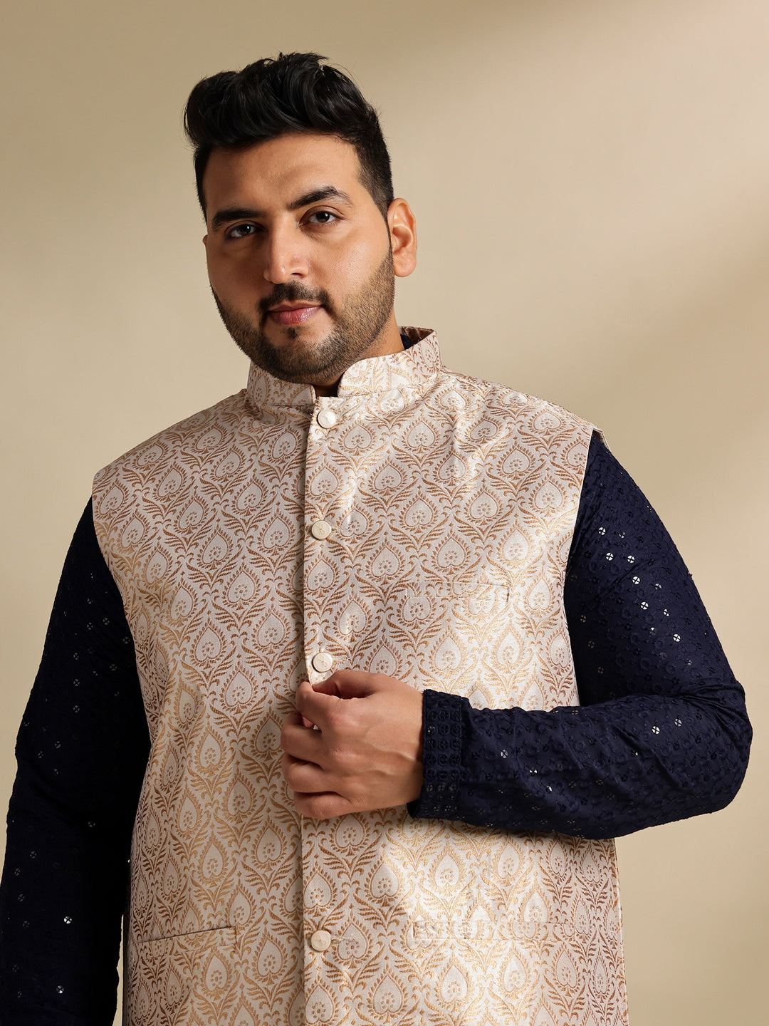 Sojanya Plus (Since 1958) Men's Cotton Sequinned Navy Kurta With White Pyjama & Cream Nehru Jacket