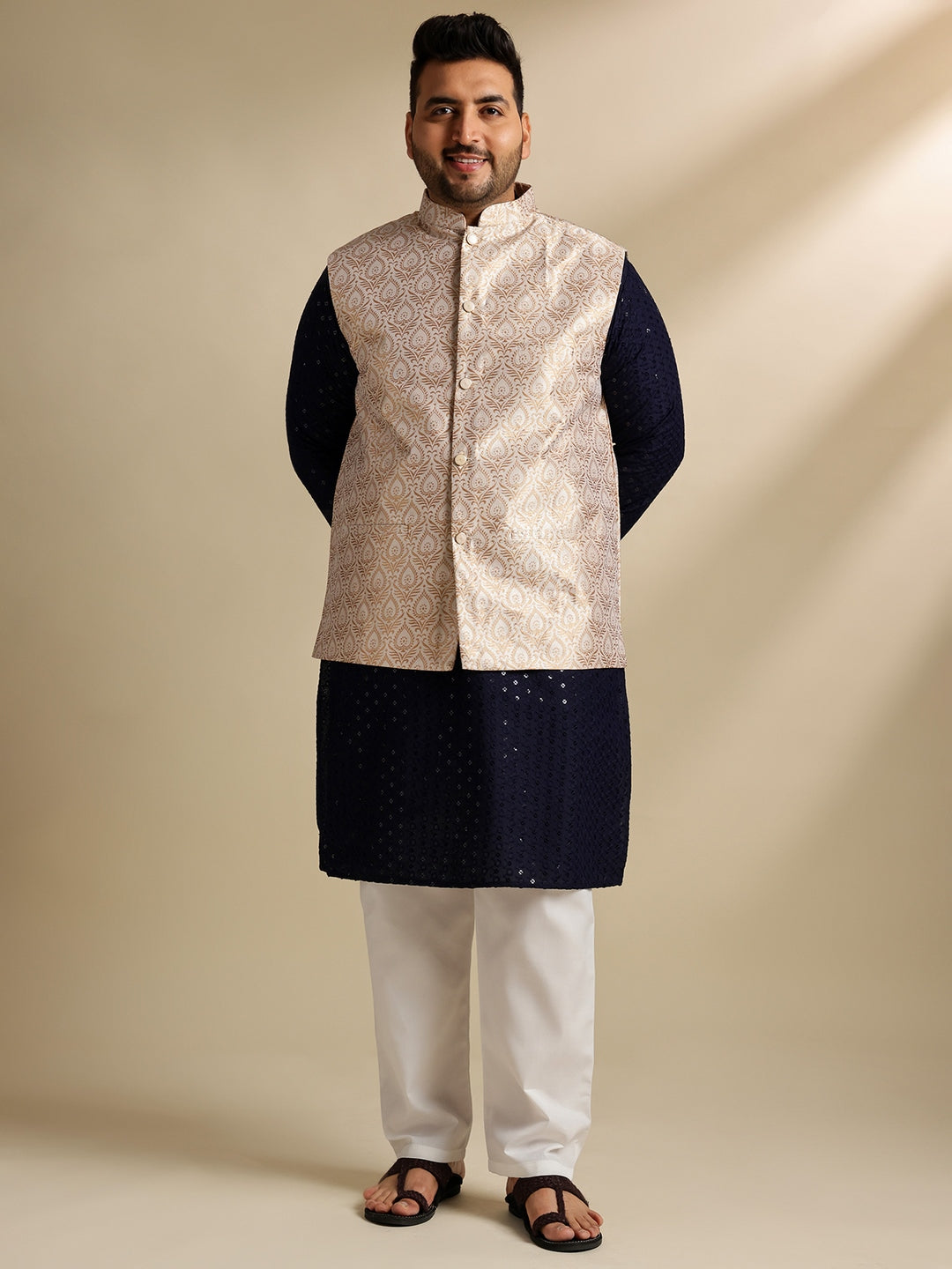 Sojanya Plus (Since 1958) Men's Cotton Sequinned Navy Kurta With White Pyjama & Cream Nehru Jacket