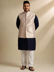 Sojanya Plus (Since 1958) Men's Cotton Sequinned Navy Kurta With White Pyjama & Cream Nehru Jacket