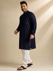 Sojanya Plus (Since 1958) Men's Cotton Sequinned Navy Kurta With White Pyjama & Cream Nehru Jacket