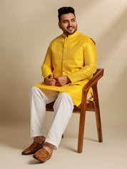 Sojanya Plus(Since 1958) Men's Silk Blend Thread Embroidered Yellow Kurta & Nehru Jacket With Pyjama