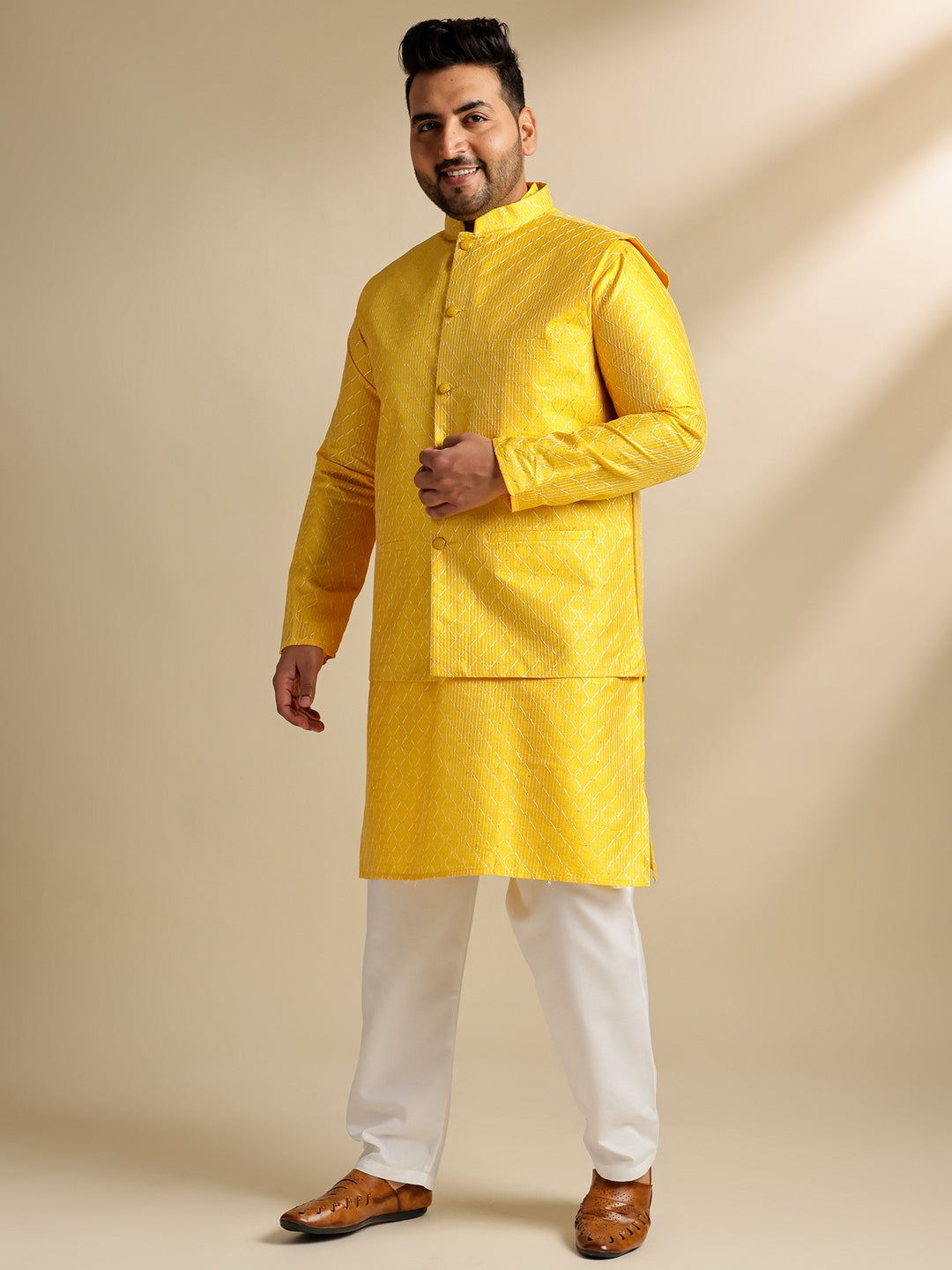 Sojanya Plus(Since 1958) Men's Silk Blend Thread Embroidered Yellow Kurta & Nehru Jacket With Pyjama