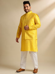 Sojanya Plus(Since 1958) Men's Silk Blend Thread Embroidered Yellow Kurta & Nehru Jacket With Pyjama