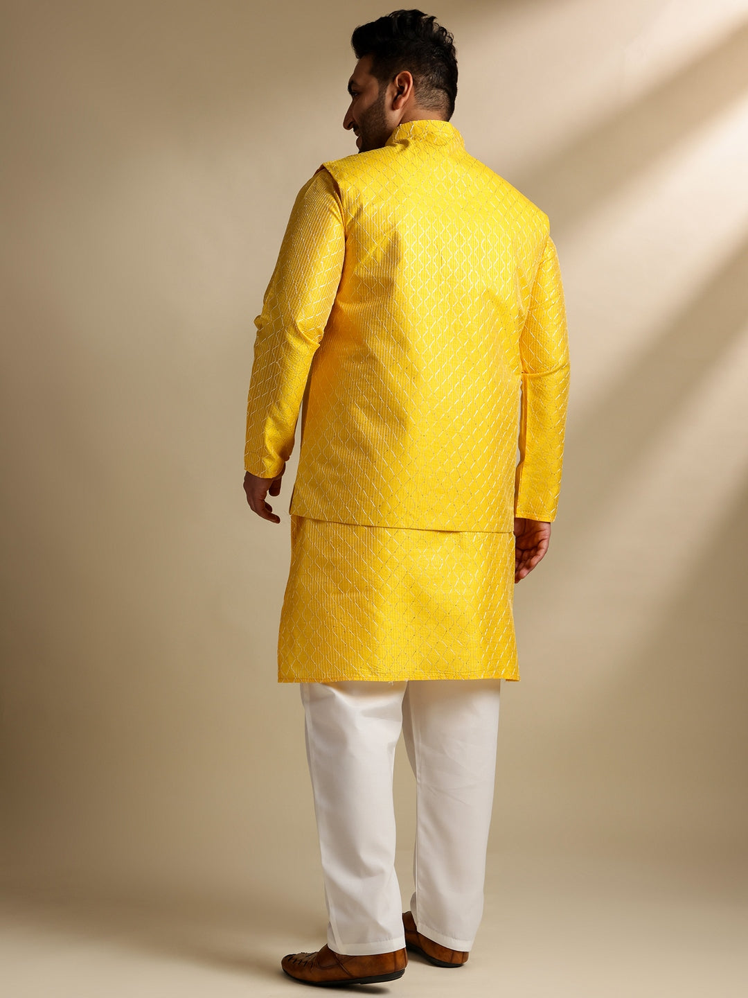 Sojanya Plus(Since 1958) Men's Silk Blend Thread Embroidered Yellow Kurta & Nehru Jacket With Pyjama