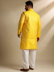 Sojanya Plus(Since 1958) Men's Silk Blend Thread Embroidered Yellow Kurta & Nehru Jacket With Pyjama