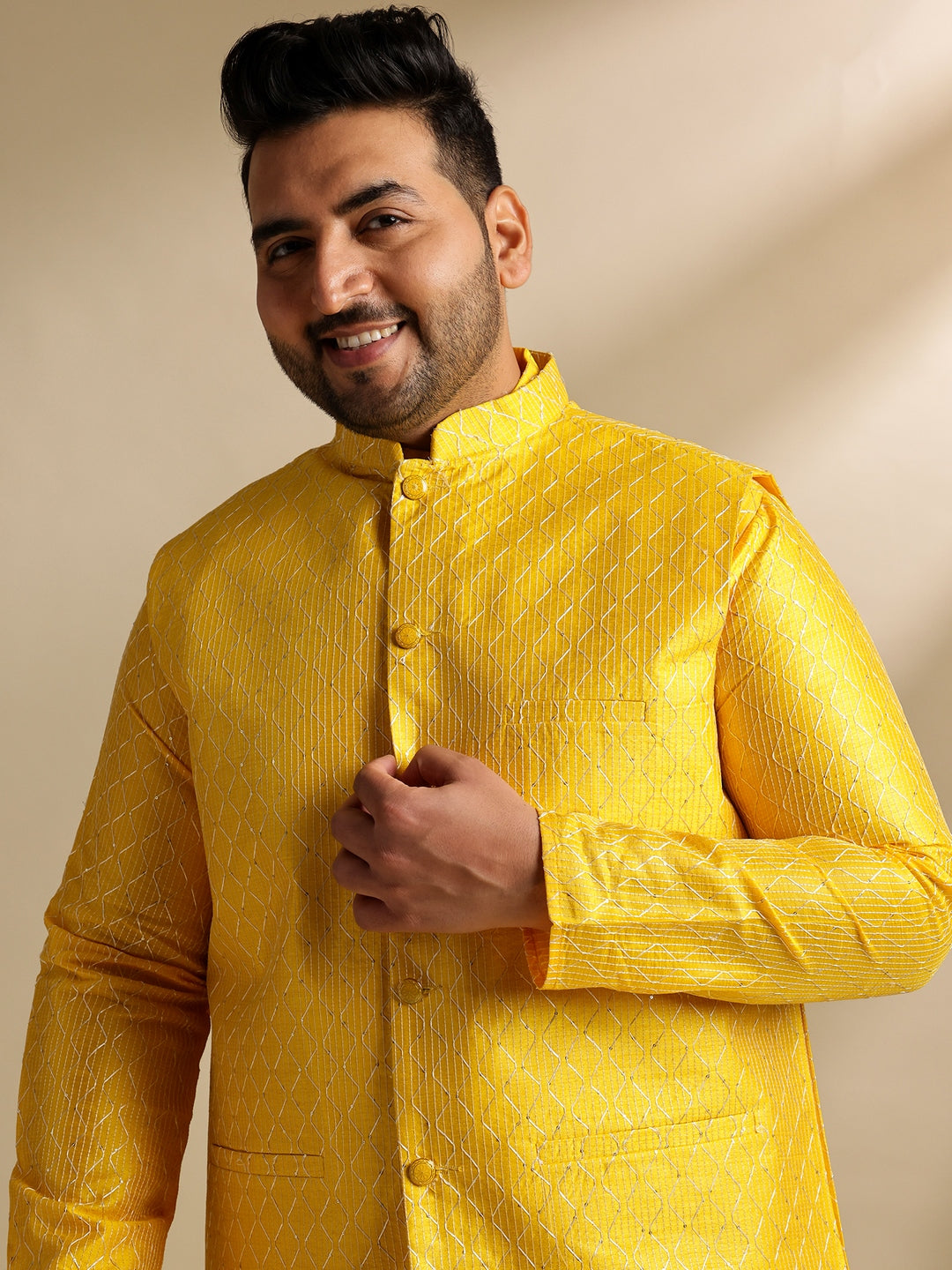 Sojanya Plus(Since 1958) Men's Silk Blend Thread Embroidered Yellow Kurta & Nehru Jacket With Pyjama