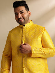 Sojanya Plus(Since 1958) Men's Silk Blend Thread Embroidered Yellow Kurta & Nehru Jacket With Pyjama