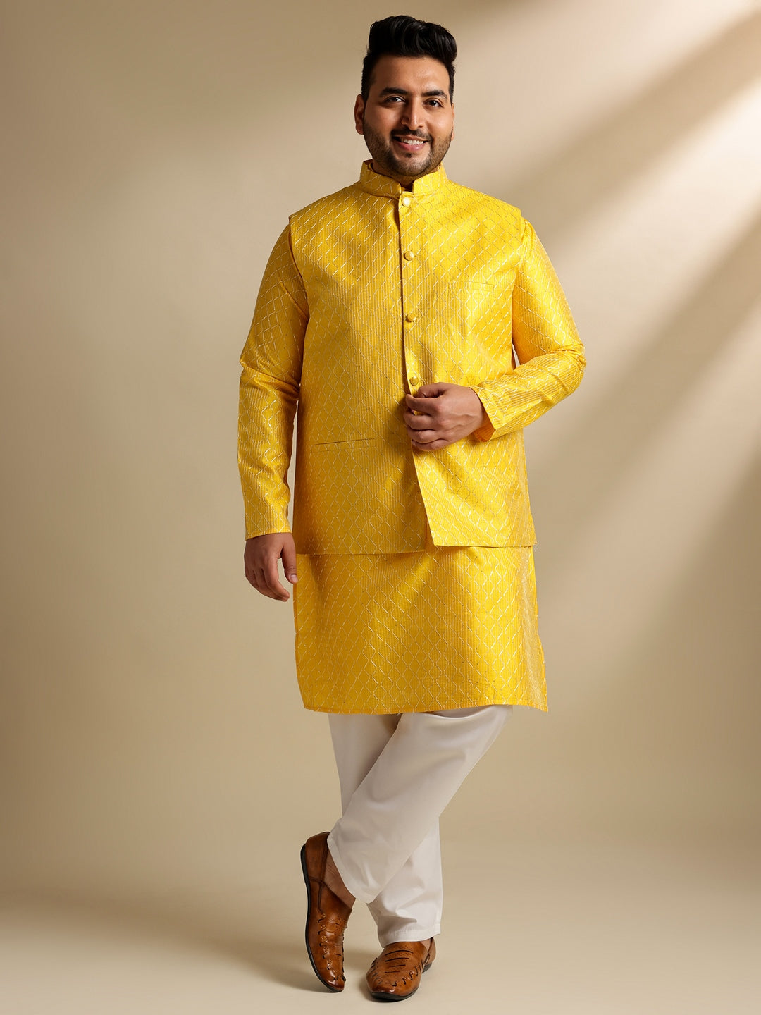 Sojanya Plus(Since 1958) Men's Silk Blend Thread Embroidered Yellow Kurta & Nehru Jacket With Pyjama