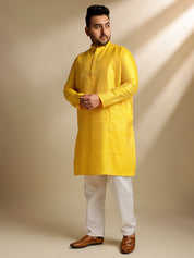 Sojanya Plus(Since 1958) Men's Silk Blend Thread Embroidered Yellow Kurta & Nehru Jacket With Pyjama