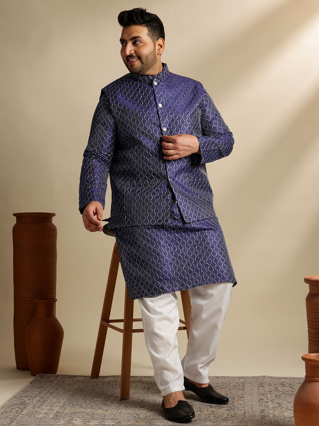 Sojanya Plus(Since 1958) Men's Silk Blend Thread Embroidered Navy Kurta & Nehru Jacket With Pyjama