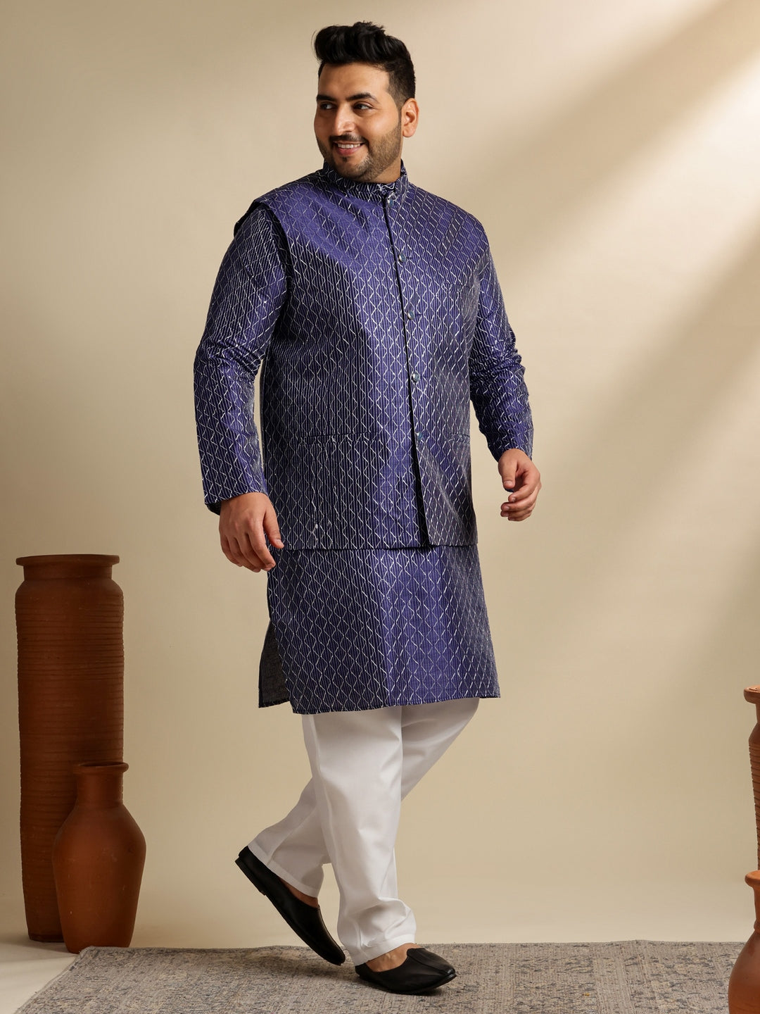 Sojanya Plus(Since 1958) Men's Silk Blend Thread Embroidered Navy Kurta & Nehru Jacket With Pyjama