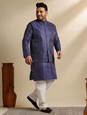 Sojanya Plus(Since 1958) Men's Silk Blend Thread Embroidered Navy Kurta & Nehru Jacket With Pyjama