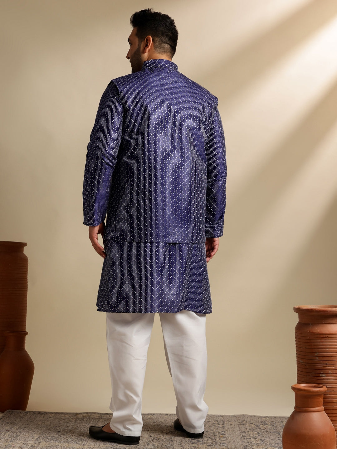 Sojanya Plus(Since 1958) Men's Silk Blend Thread Embroidered Navy Kurta & Nehru Jacket With Pyjama