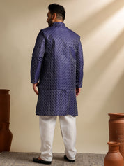 Sojanya Plus(Since 1958) Men's Silk Blend Thread Embroidered Navy Kurta & Nehru Jacket With Pyjama