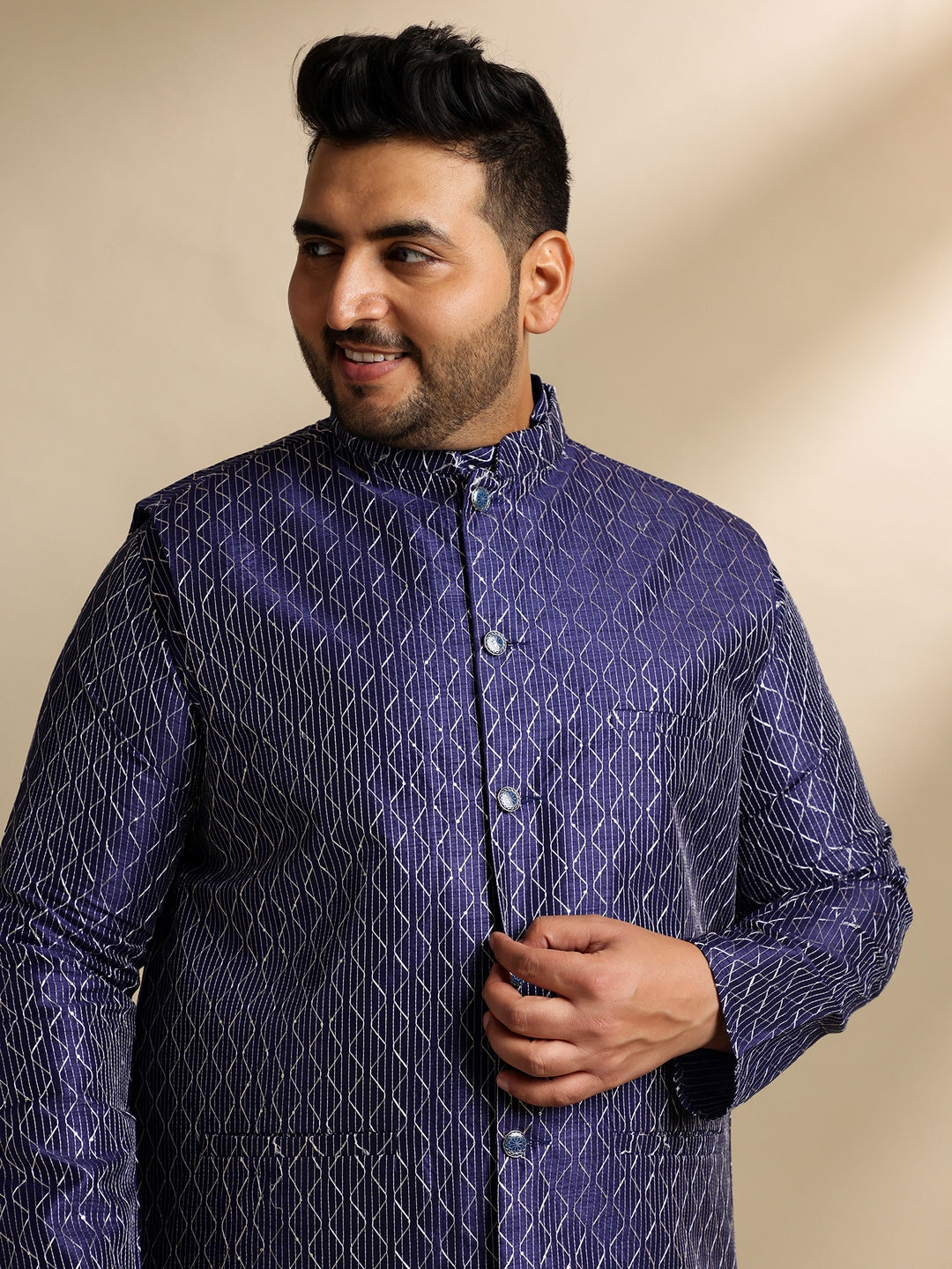 Sojanya Plus(Since 1958) Men's Silk Blend Thread Embroidered Navy Kurta & Nehru Jacket With Pyjama