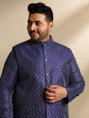 Sojanya Plus(Since 1958) Men's Silk Blend Thread Embroidered Navy Kurta & Nehru Jacket With Pyjama