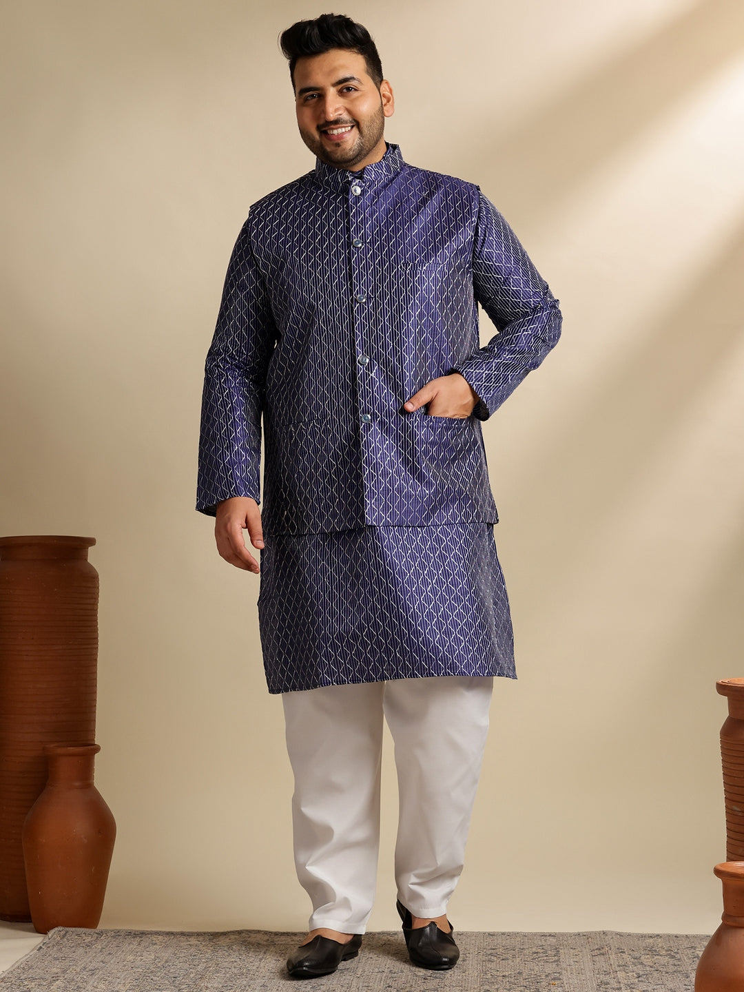 Sojanya Plus(Since 1958) Men's Silk Blend Thread Embroidered Navy Kurta & Nehru Jacket With Pyjama
