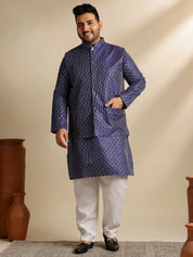 Sojanya Plus(Since 1958) Men's Silk Blend Thread Embroidered Navy Kurta & Nehru Jacket With Pyjama
