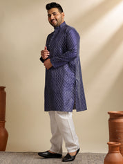 Sojanya Plus(Since 1958) Men's Silk Blend Thread Embroidered Navy Kurta & Nehru Jacket With Pyjama
