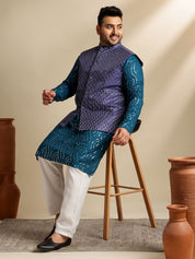 Sojanya Plus (Since 1958) Men's Cotton Designer Teal Kurta With White Pyjama & Navy Nehru Jacket