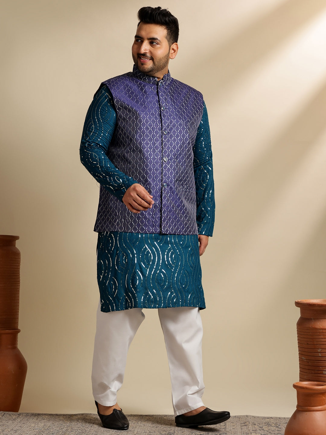 Sojanya Plus (Since 1958) Men's Cotton Designer Teal Kurta With White Pyjama & Navy Nehru Jacket