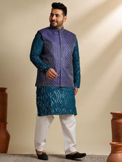 Sojanya Plus (Since 1958) Men's Cotton Designer Teal Kurta With White Pyjama & Navy Nehru Jacket