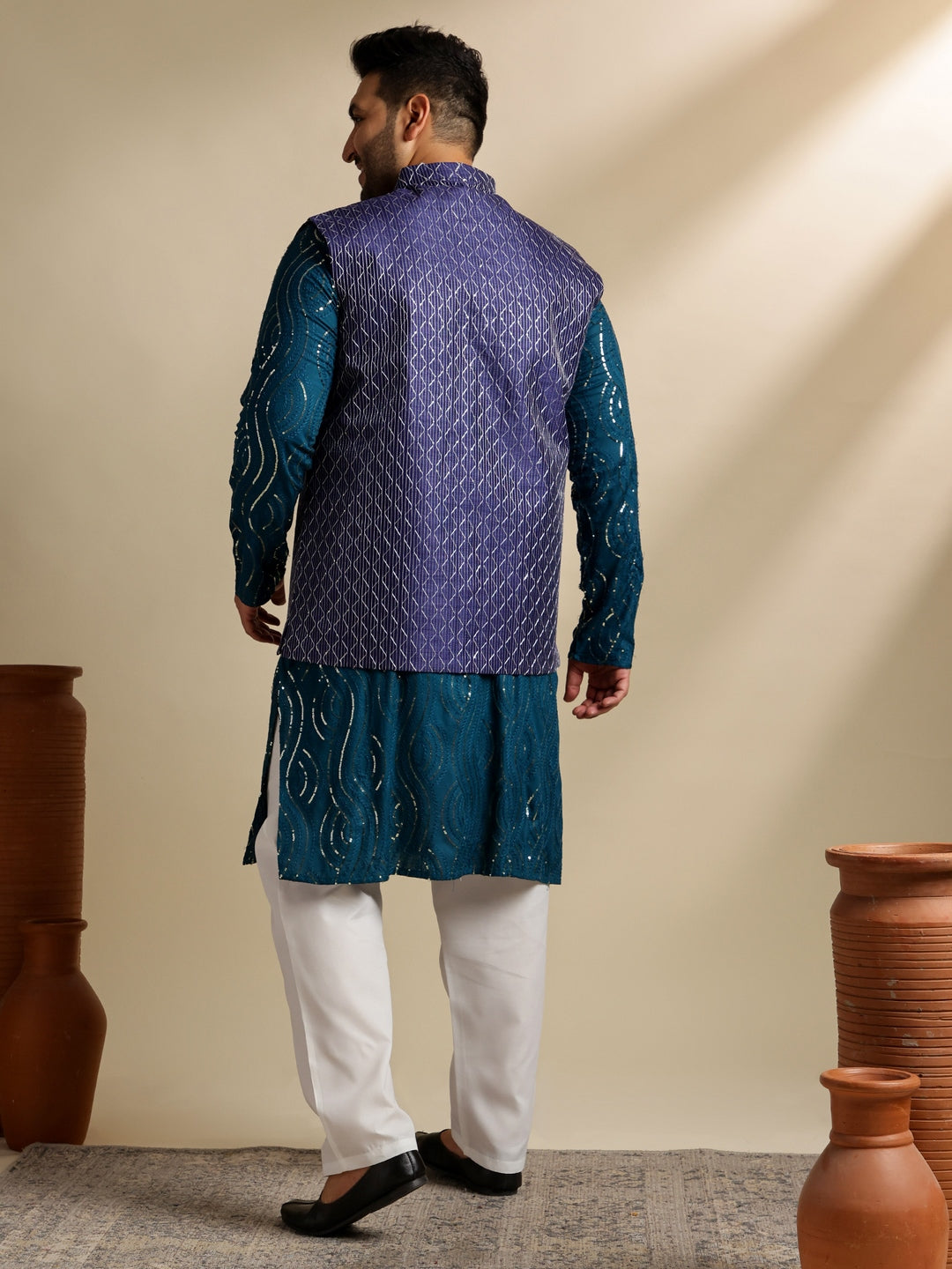 Sojanya Plus (Since 1958) Men's Cotton Designer Teal Kurta With White Pyjama & Navy Nehru Jacket