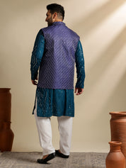 Sojanya Plus (Since 1958) Men's Cotton Designer Teal Kurta With White Pyjama & Navy Nehru Jacket