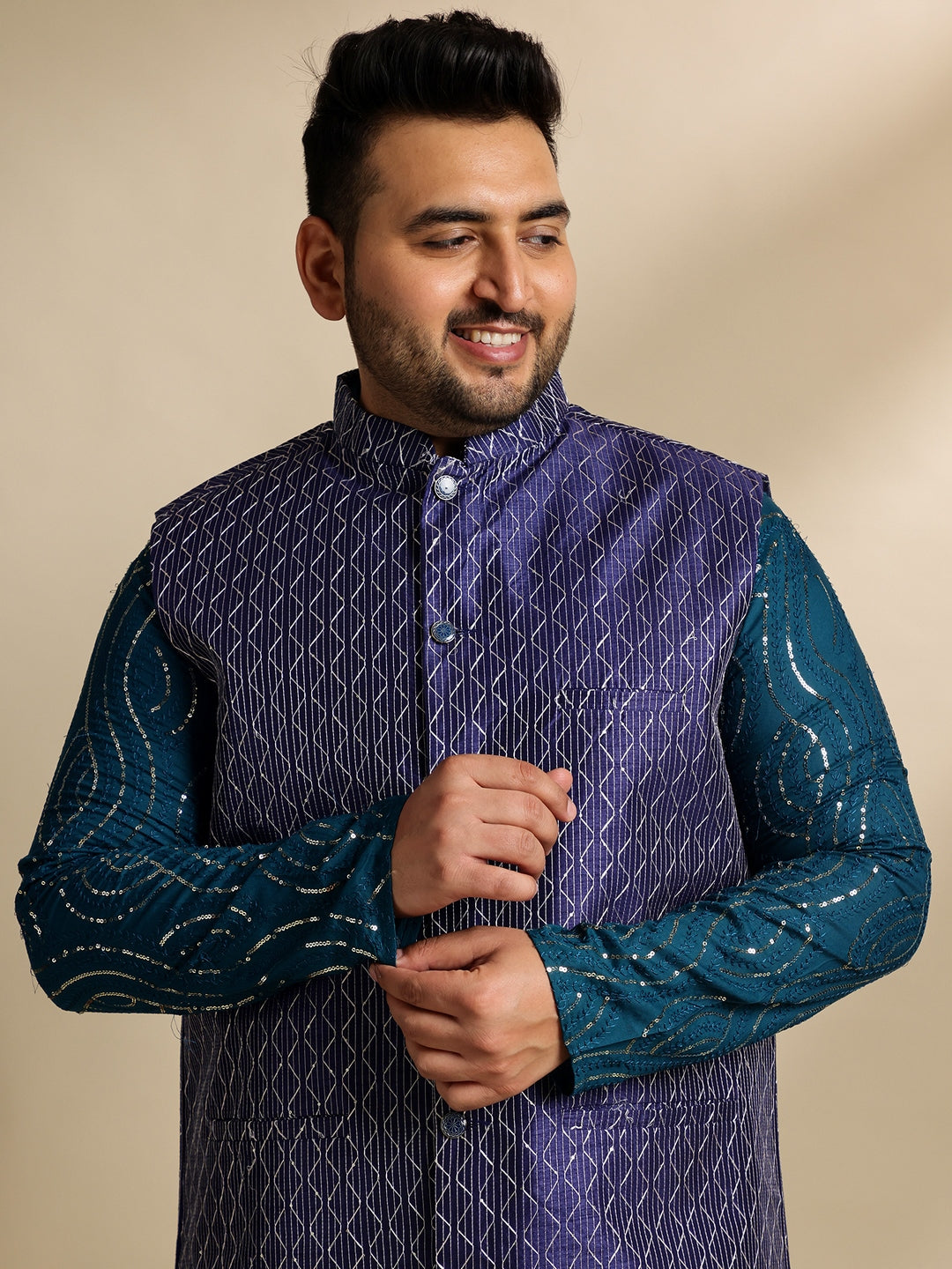 Sojanya Plus (Since 1958) Men's Cotton Designer Teal Kurta With White Pyjama & Navy Nehru Jacket