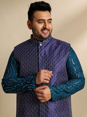 Sojanya Plus (Since 1958) Men's Cotton Designer Teal Kurta With White Pyjama & Navy Nehru Jacket