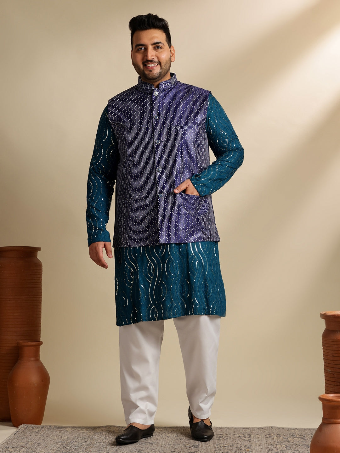 Sojanya Plus (Since 1958) Men's Cotton Designer Teal Kurta With White Pyjama & Navy Nehru Jacket