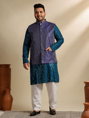 Sojanya Plus (Since 1958) Men's Cotton Designer Teal Kurta With White Pyjama & Navy Nehru Jacket