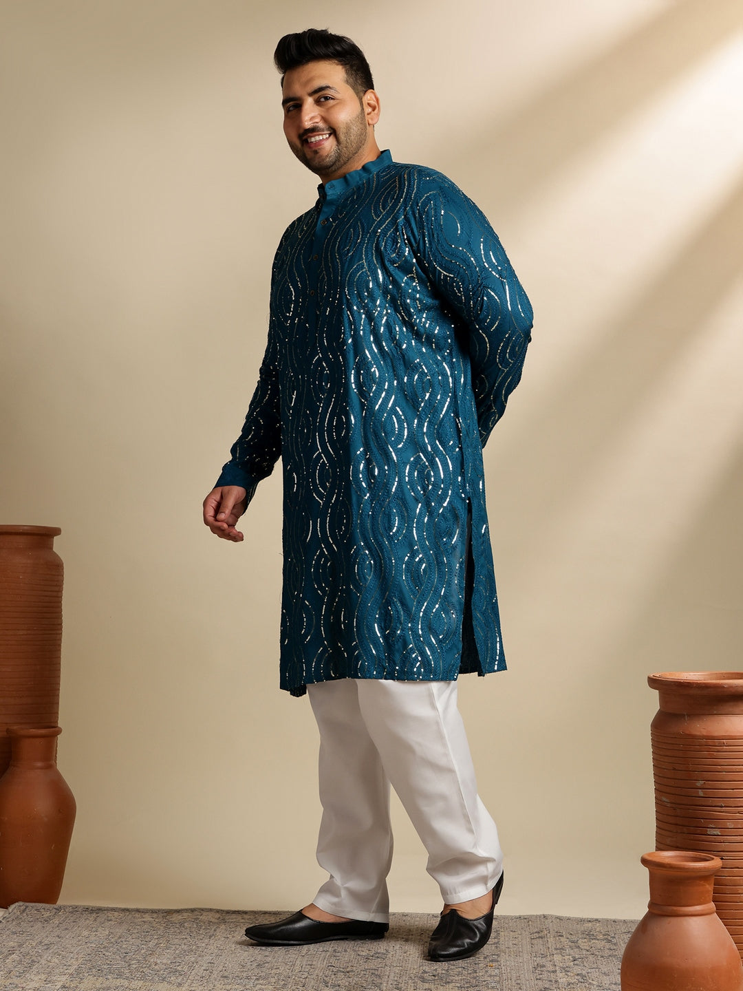 Sojanya Plus (Since 1958) Men's Cotton Designer Teal Kurta With White Pyjama & Navy Nehru Jacket